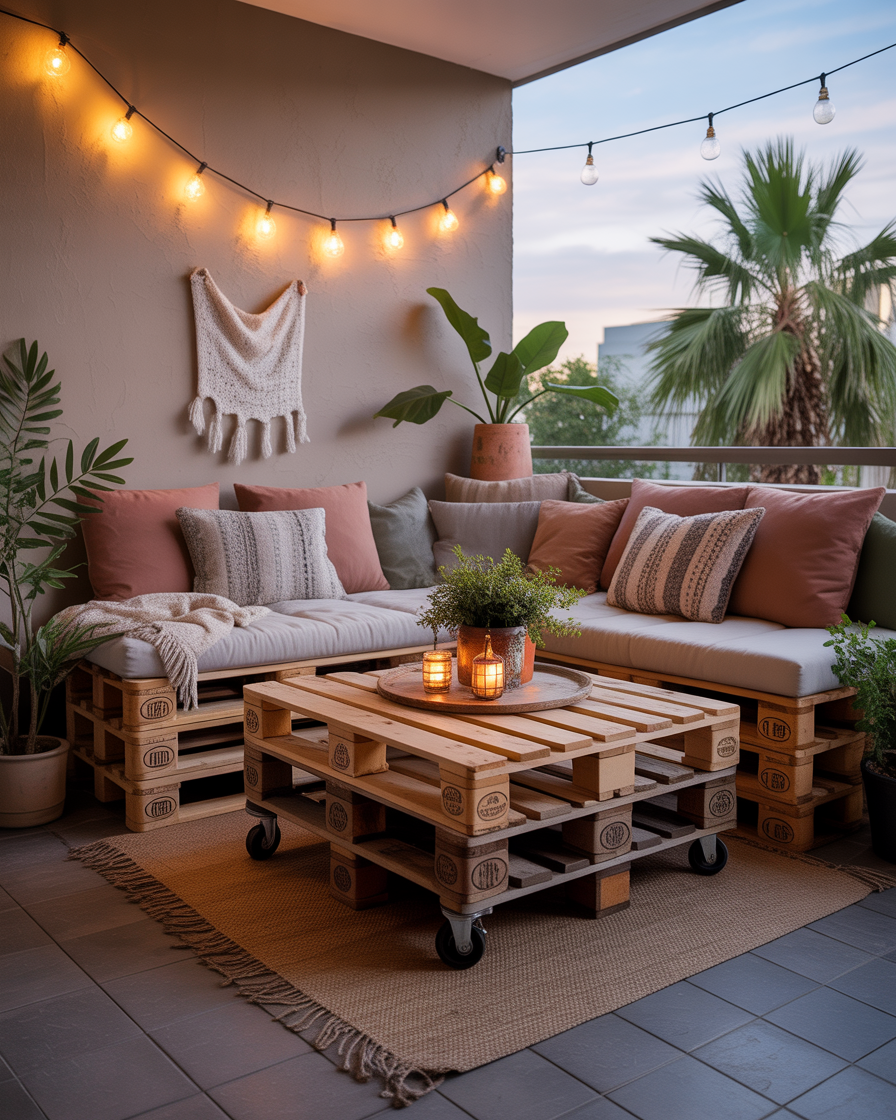 A creative balcony with repurposed pallet furniture, featuring cushions and plants.