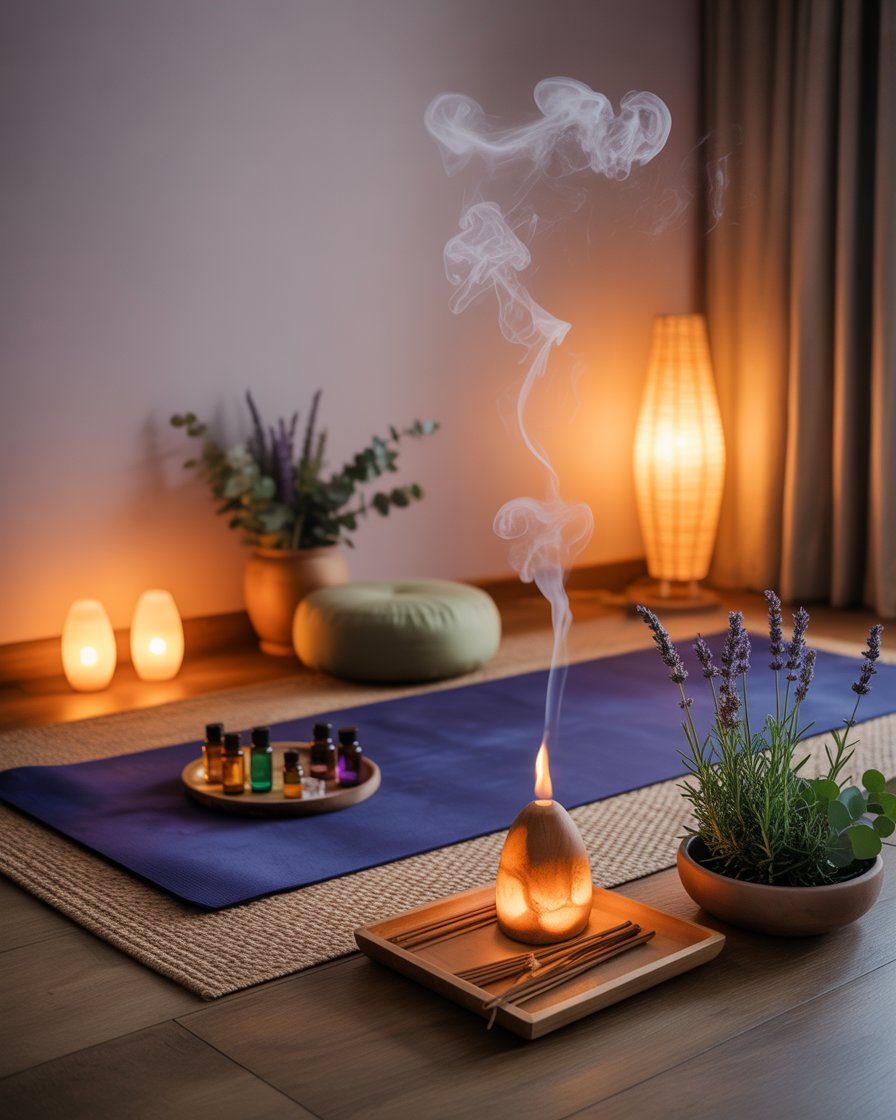 Yoga & Zen space with incense and essential oils creating a calming aromatic atmosphere.