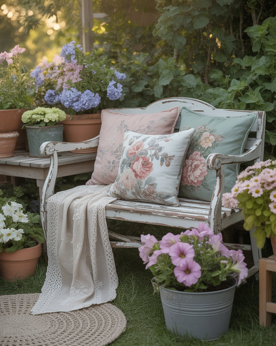 Weathered garden bench with faded floral cushions and vintage lace throw, surrounded by potted flowers.
