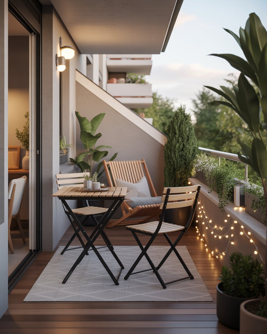 A compact balcony with foldable furniture, creating flexible and functional outdoor space.