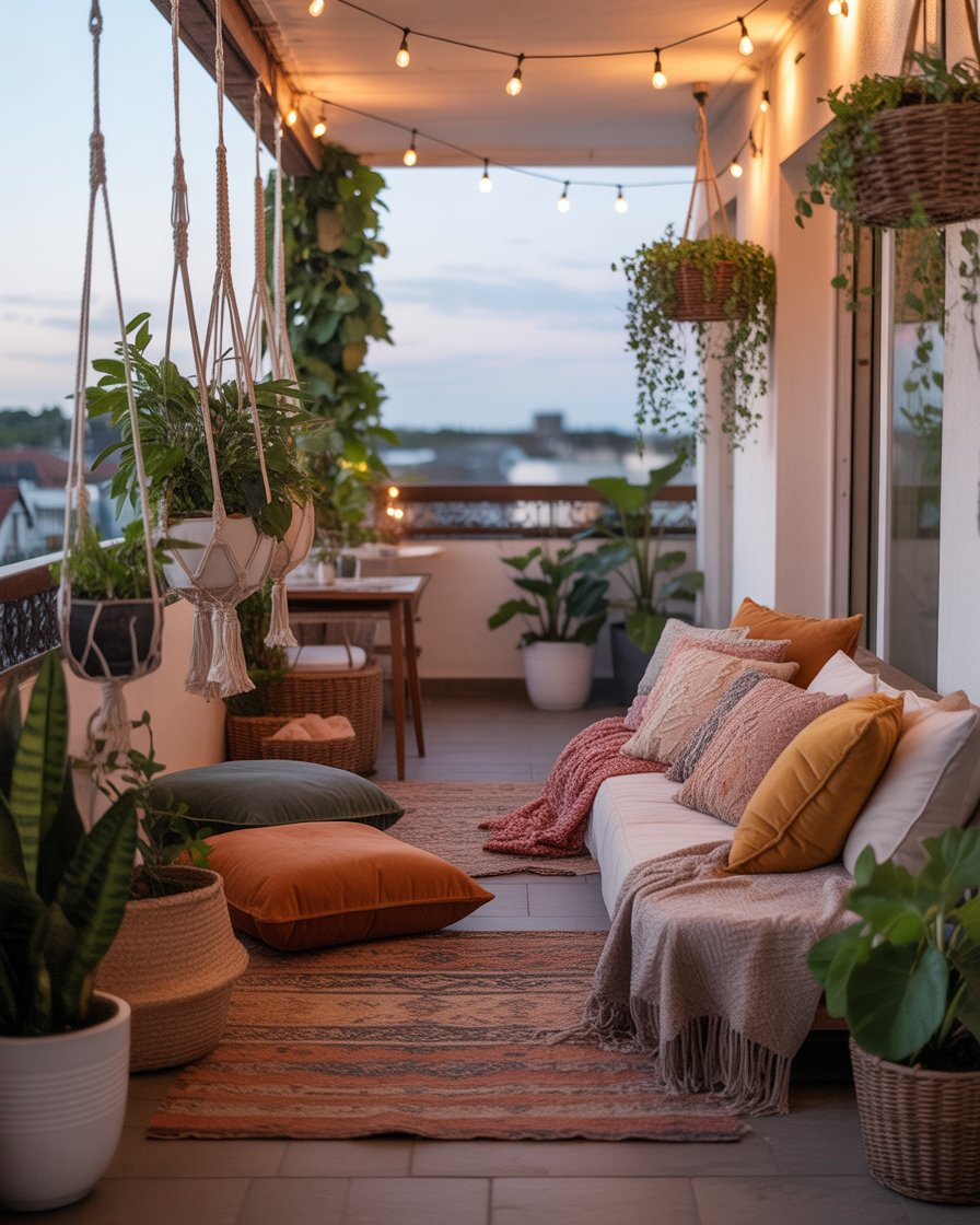  A cozy boho balcony with floor cushions, rugs, and string lights.