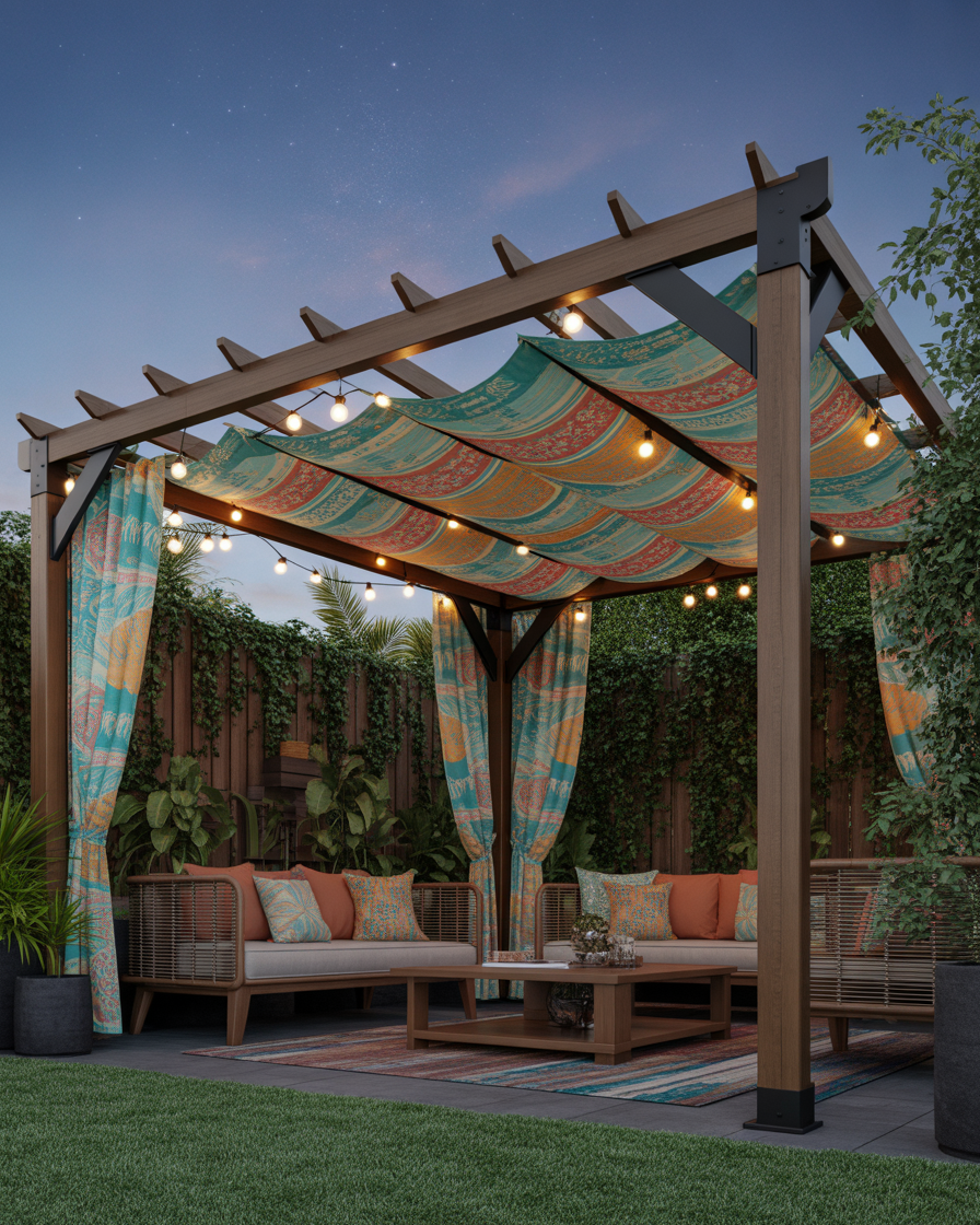 Corner pergola with retractable white fabric canopy over dining set