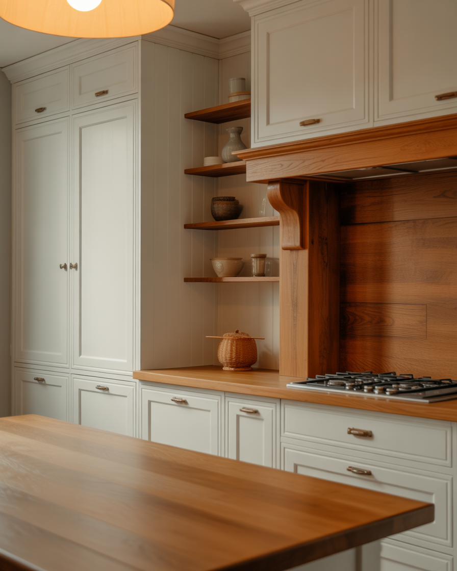 A traditional kitchen with white Shaker cabinets and oak wood accents, creating a timeless and cozy atmosphere.