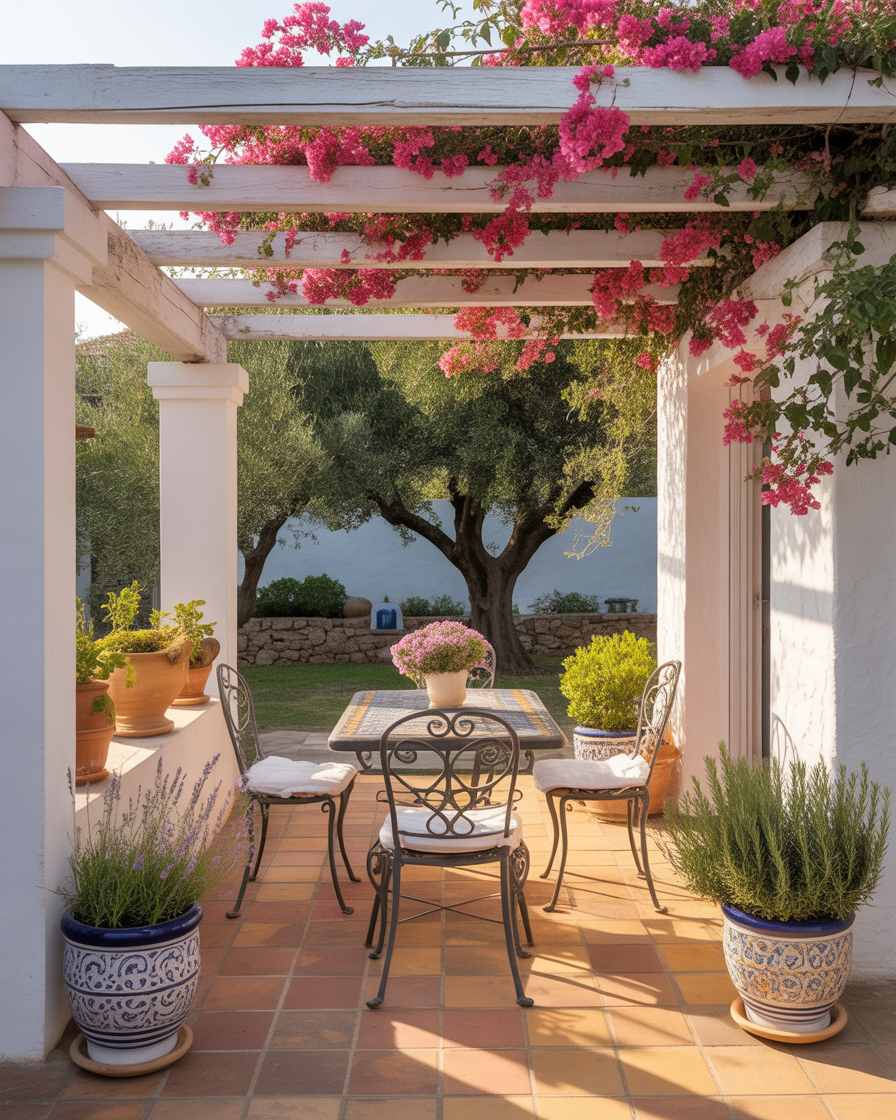 Mediterranean corner pergola with bougainvillea flowers and terracotta tiles