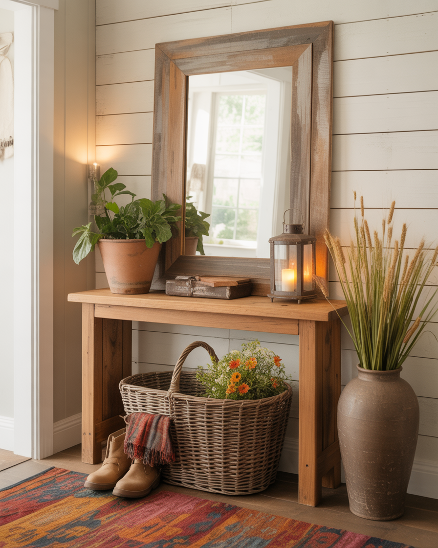 Rustic wooden frame entryway mirror with natural farmhouse décor.
