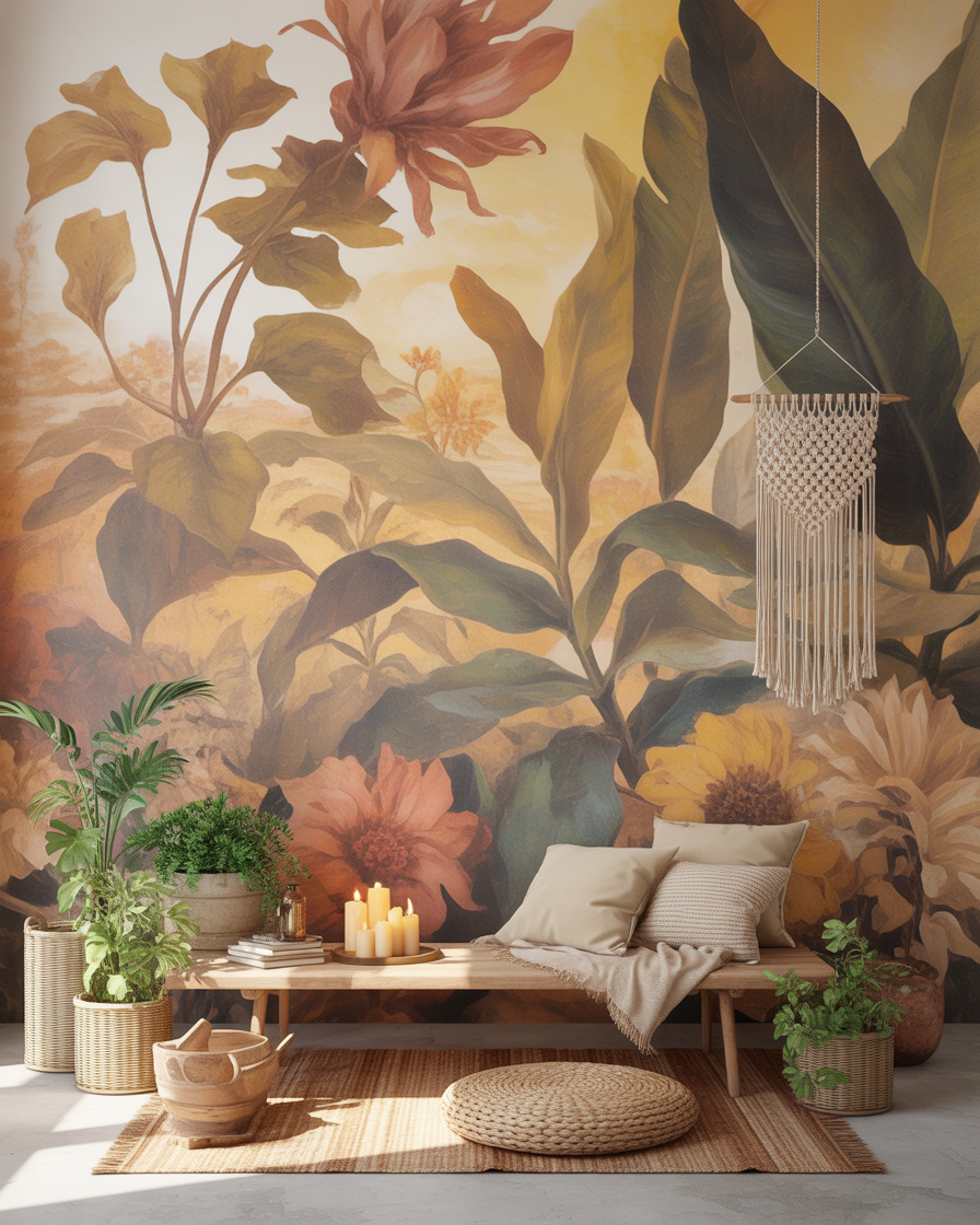 Earthy botanical wallpaper accent wall in a bohemian-style bedroom.