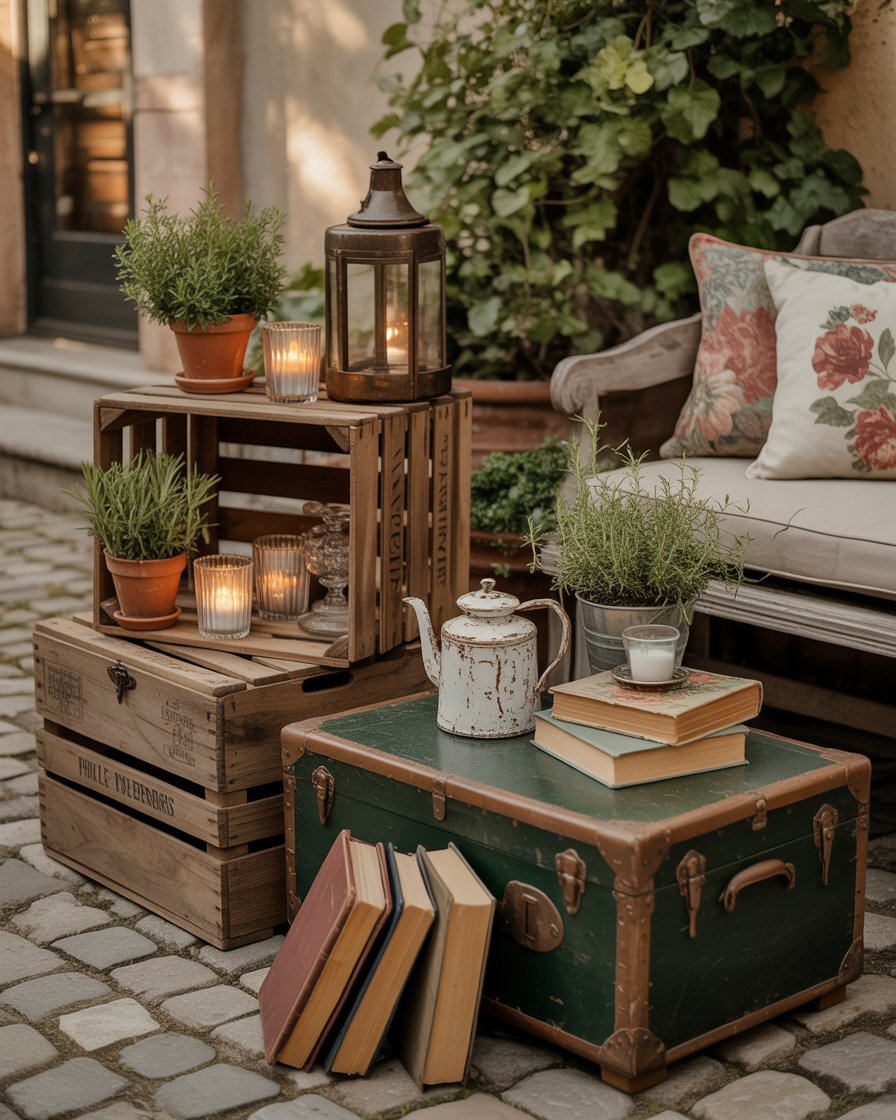Vintage wooden crates stacked on a patio, used as tables with plants, candles, and antique books on top.