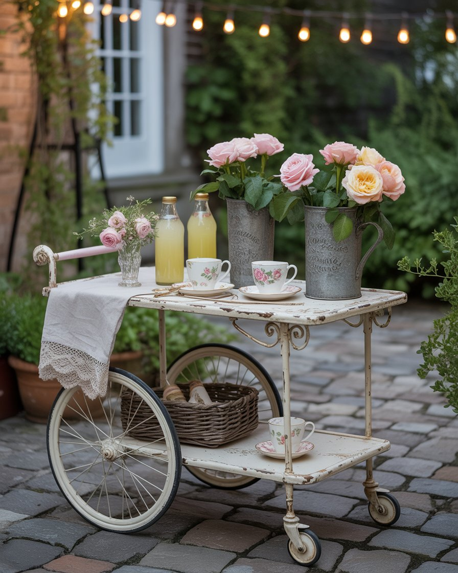  Shabby chic metal serving cart with glass bottles, vintage vases, and lace linen, outdoors under string lights.