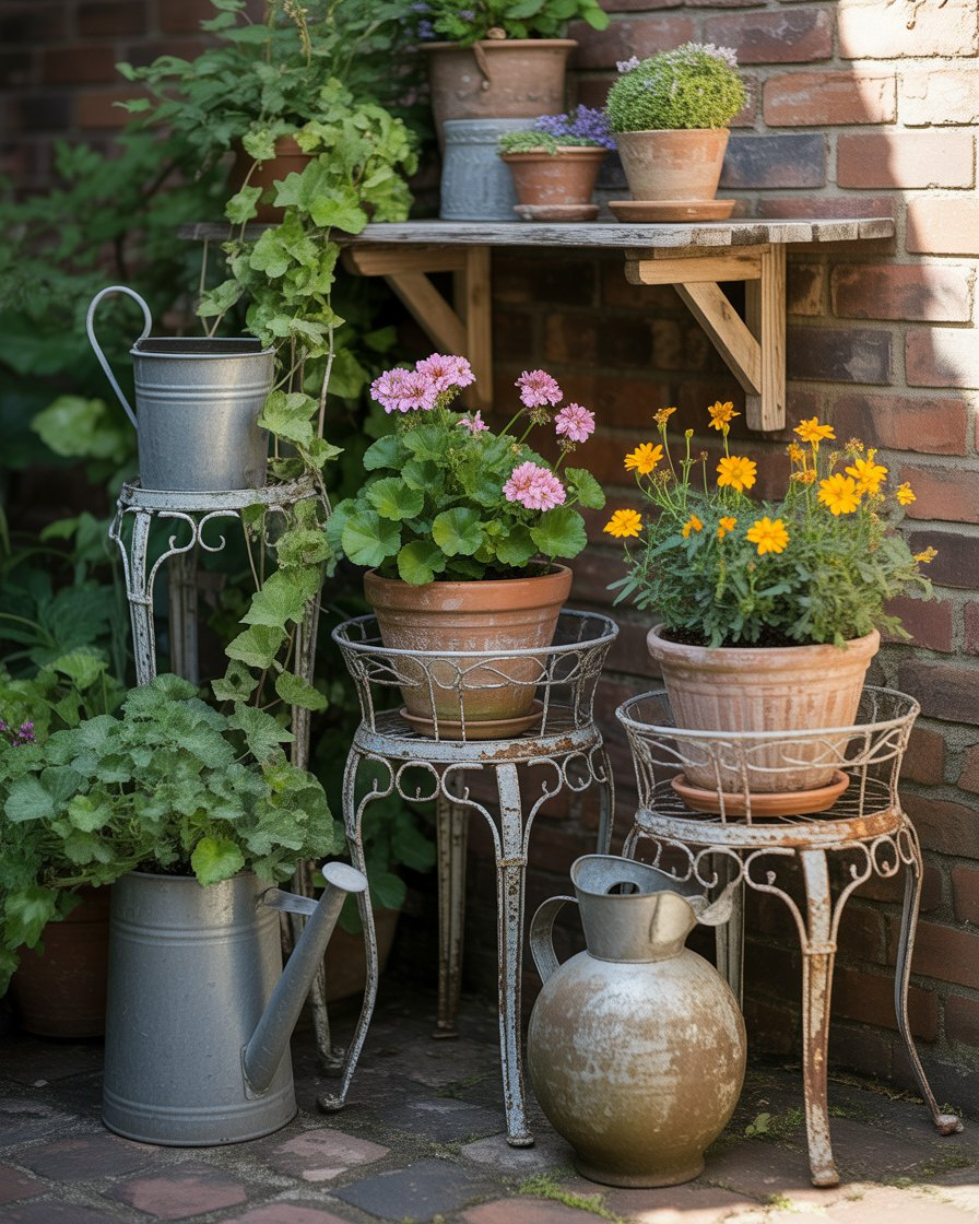 Ornate iron plant stands with potted flowers, vintage watering can, and distressed shelf on old brick patio.