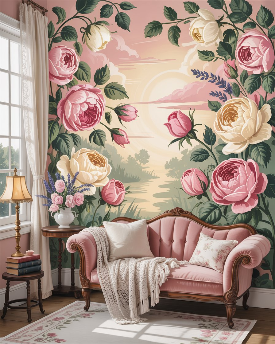 Vintage floral wallpaper accent wall in a romantic, shabby chic bedroom.
