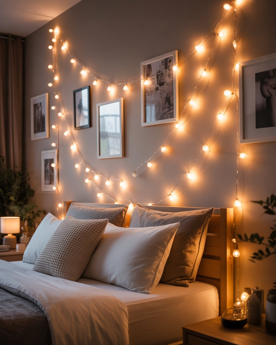 Bedroom wall illuminated with warm string lights for cozy ambiance.