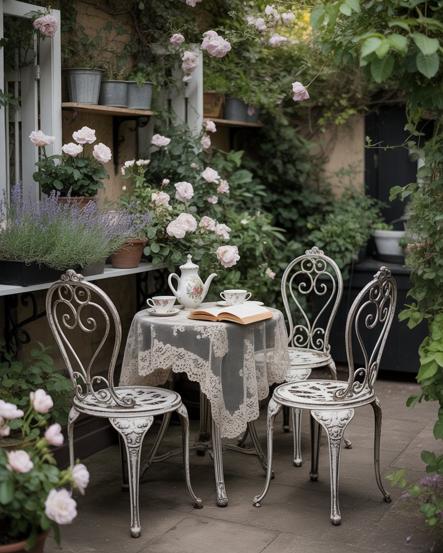 Curved wrought iron garden furniture set with lace tablecloth on a shaded patio, surrounded by flowers.