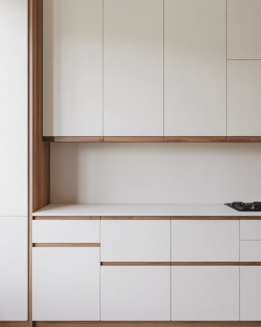 A sleek and minimalist kitchen with white cabinets featuring wood trim, giving the space a clean and refined look.