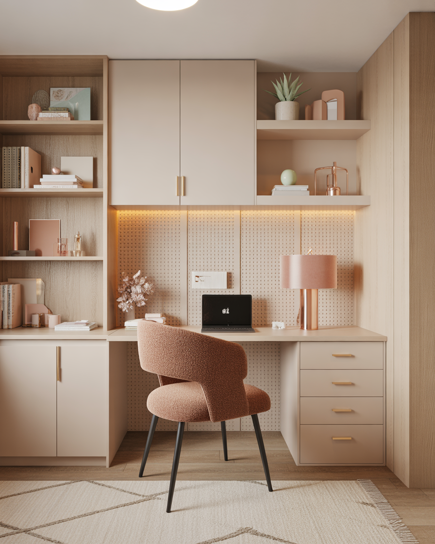 Elegant white and wood home office with warm ambient lights.