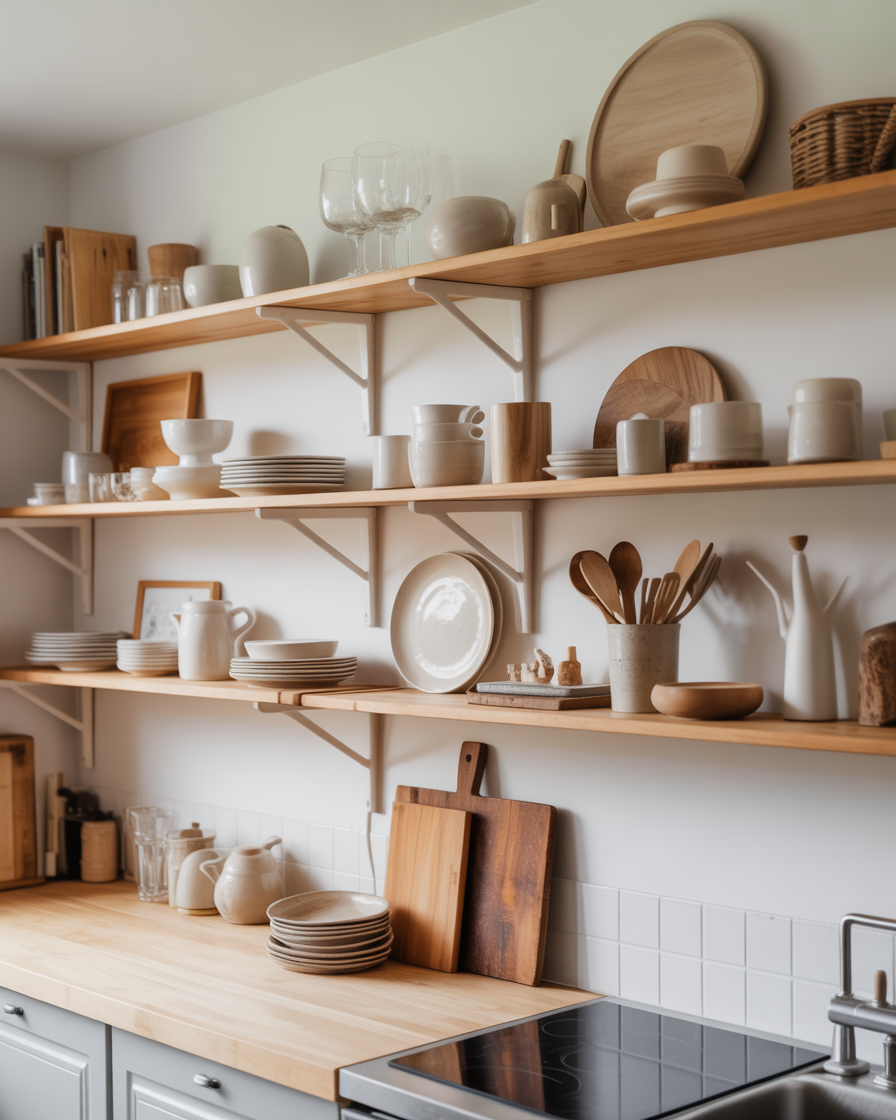A minimalist kitchen with open shelving made of natural wood and white walls, showcasing neatly organized kitchen items.