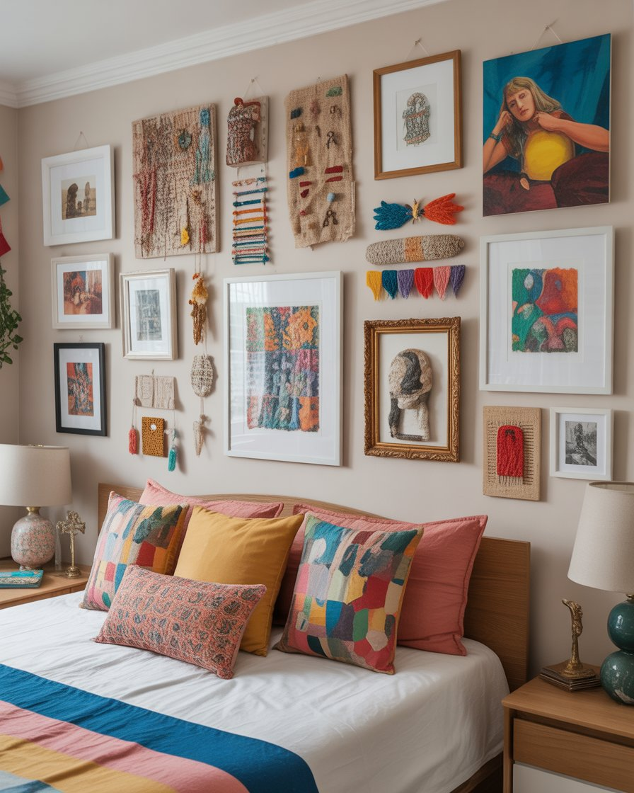 Bedroom wall displaying handmade DIY art and framed craft pieces.