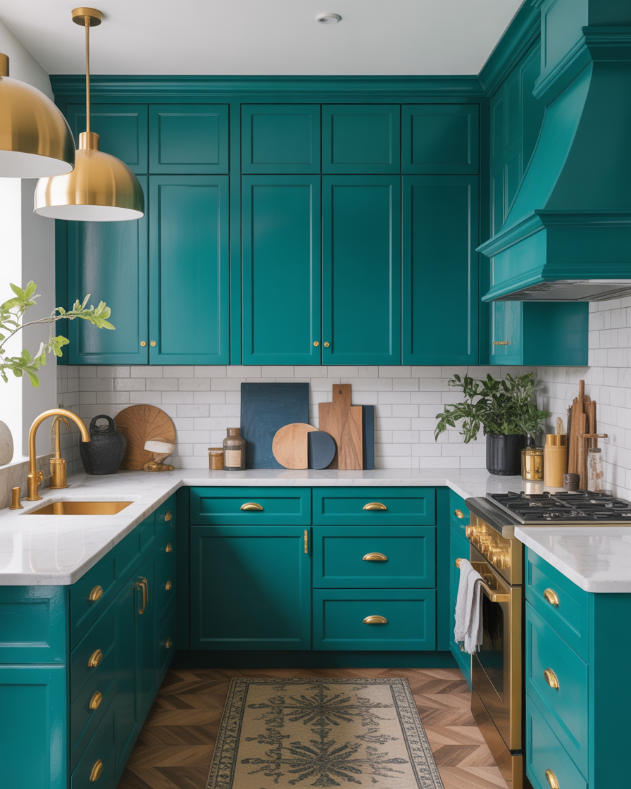  A bold turquoise kitchen with gold hardware and accessories for an elegant look.