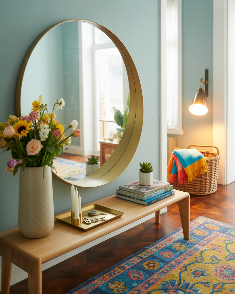  Round minimalist mirror above entryway table with simple décor.