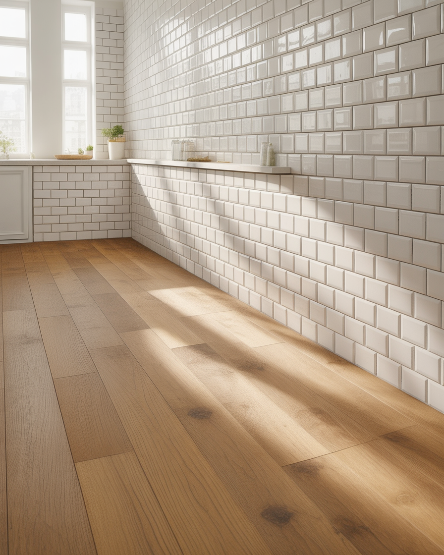 A chic kitchen featuring white subway tiles and warm wood-inspired flooring, bringing a fresh and elegant look.