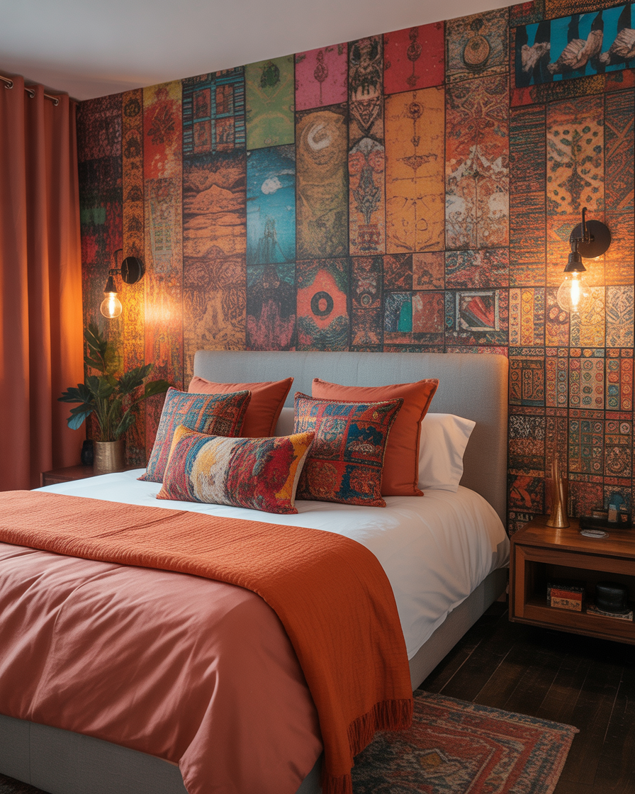 Bedroom featuring a stylish accent wall covered with patterned wallpaper.