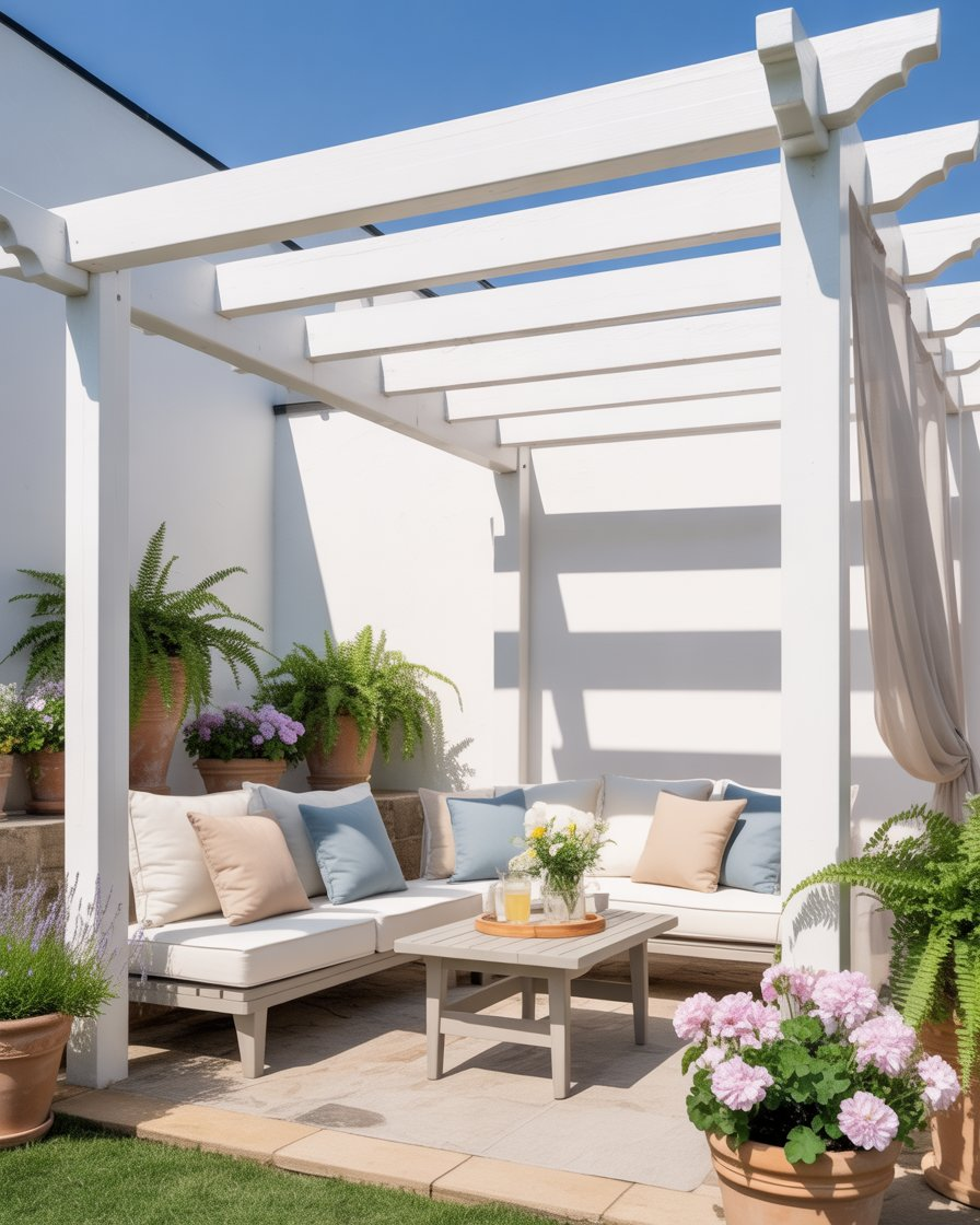 Minimalist white corner pergola with modern outdoor chairs