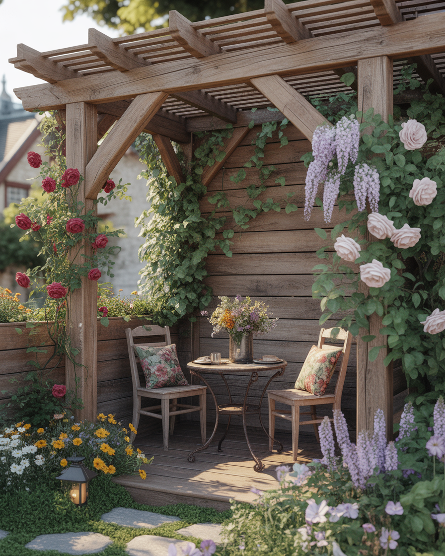 Rustic wooden corner pergola with climbing roses and wooden seating