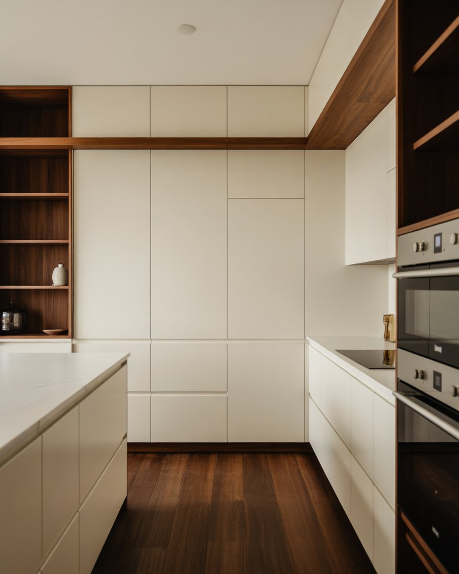 A minimalist kitchen with white cabinets and dark wood accents.