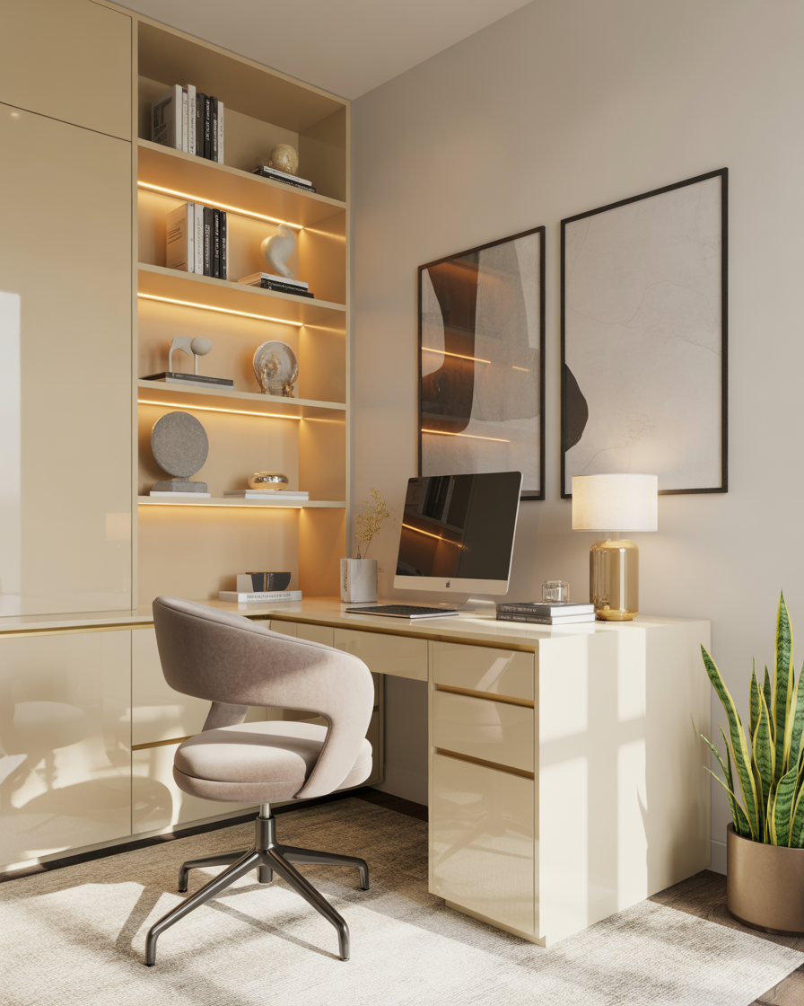 Sleek white desk with glowing shelves and framed artwork in a cozy home office.