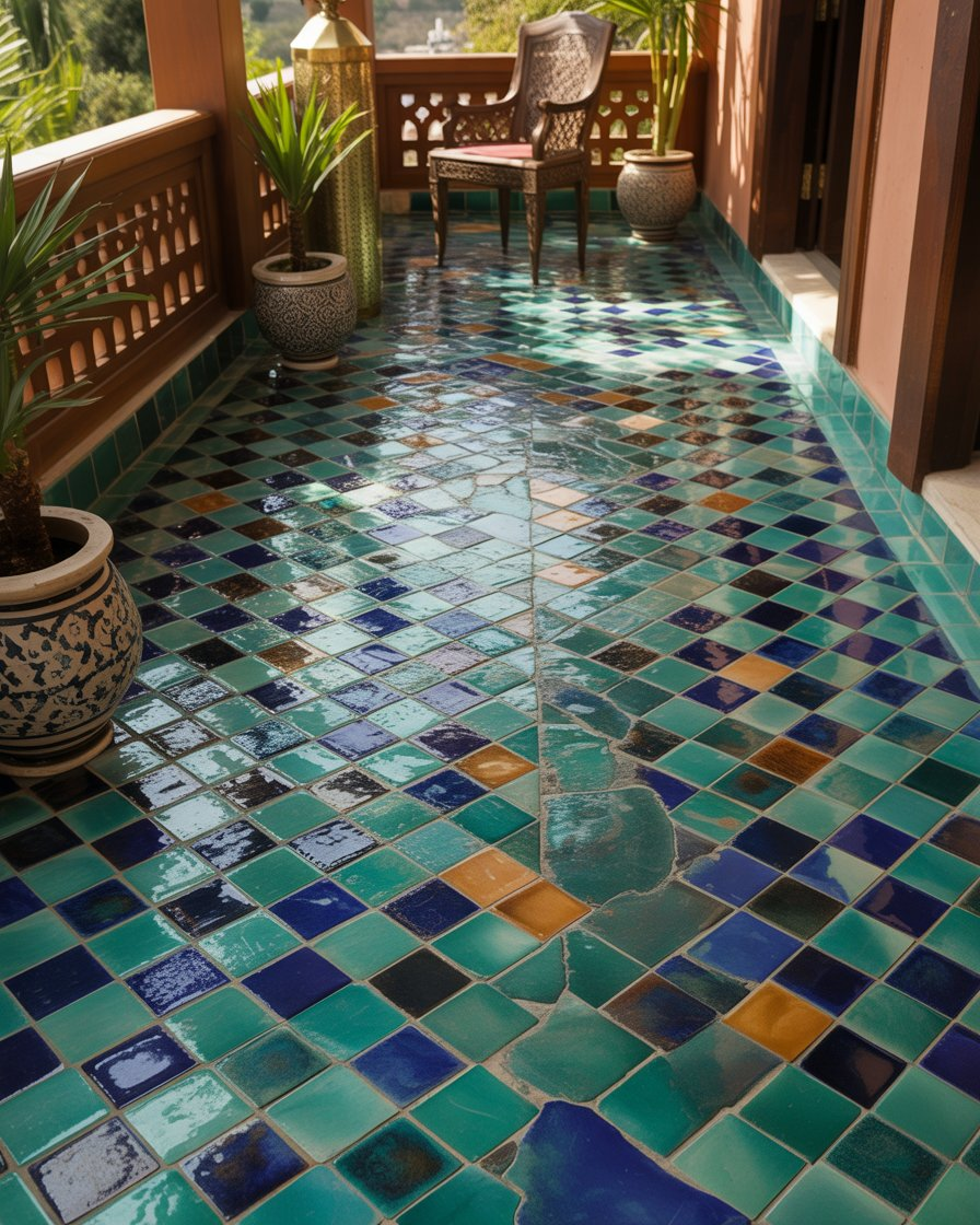  Front porch showcasing colorful Moroccan Zellige tile floor with glazed finish, traditional lanterns, and vibrant textiles.