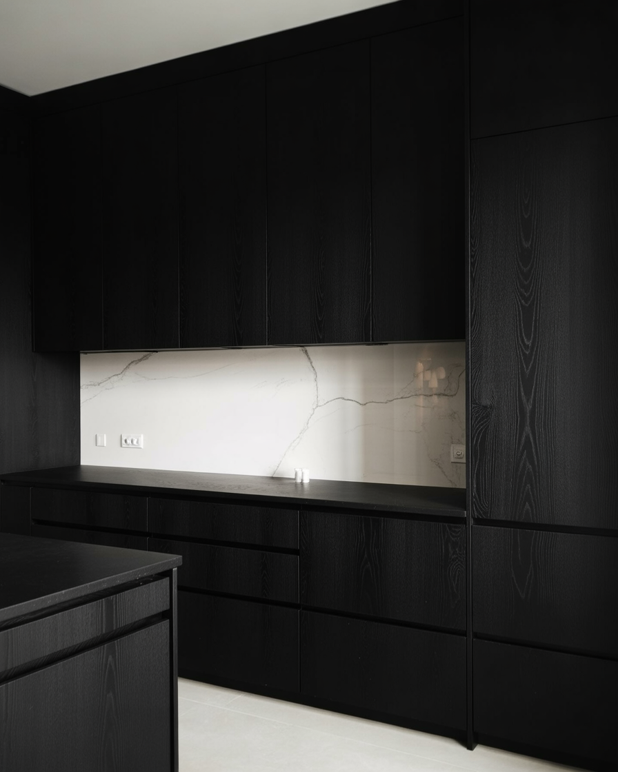 A bold black kitchen with white marble accents and modern fixtures, exuding a chic aesthetic.