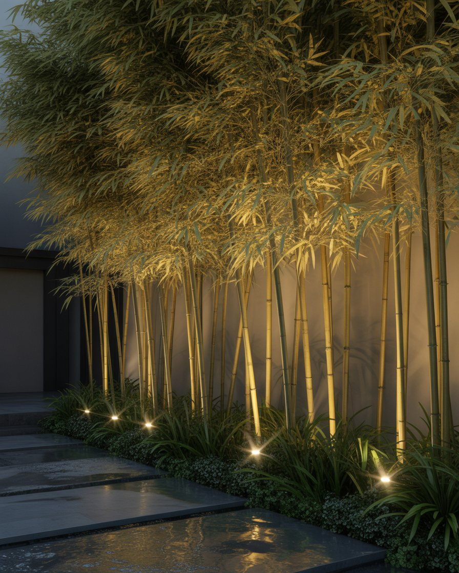 Tall bamboo screen garden wall with uplight glow.