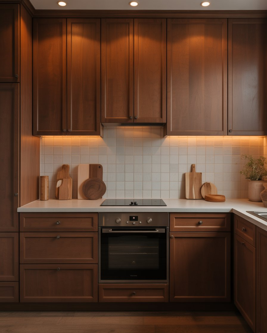 Chocolate brown kitchen glowing with warm lights.
