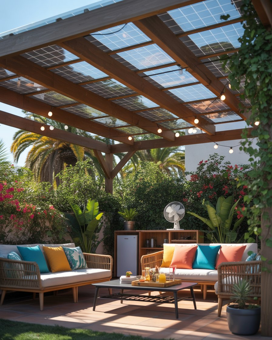 Corner pergola with solar panel roof and LED string lights