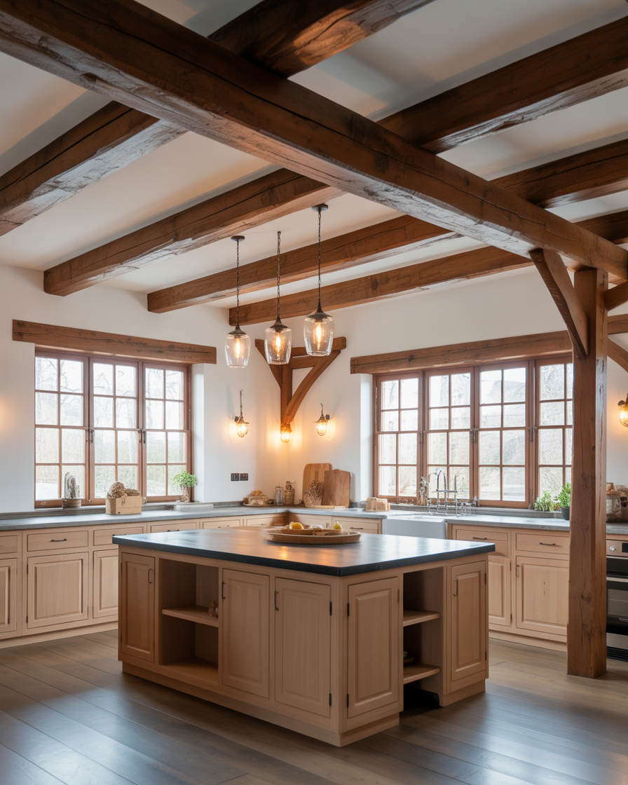 Rustic kitchen with exposed brown ceiling beams and white walls.