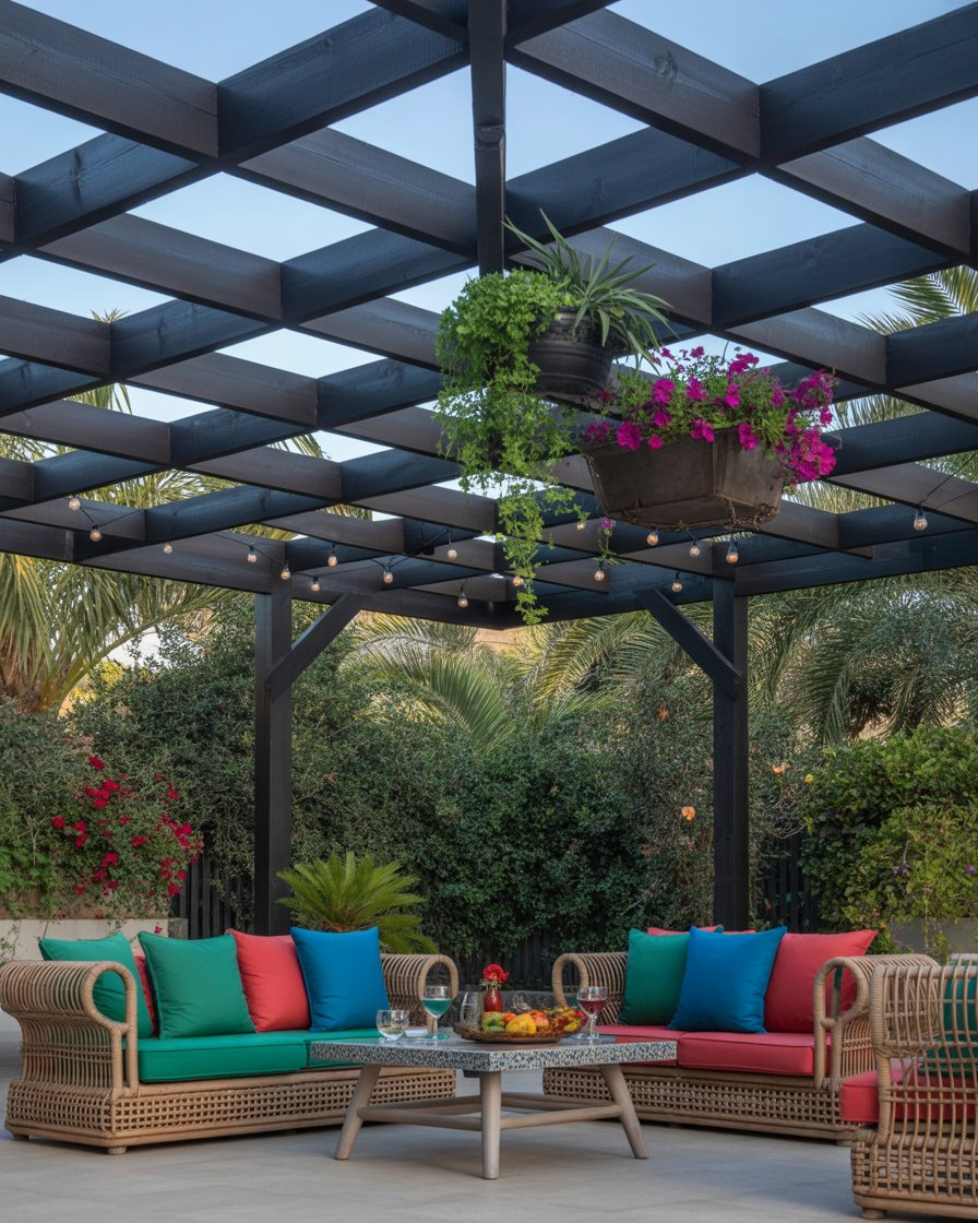 Two-tier wooden corner pergola with dining area underneath