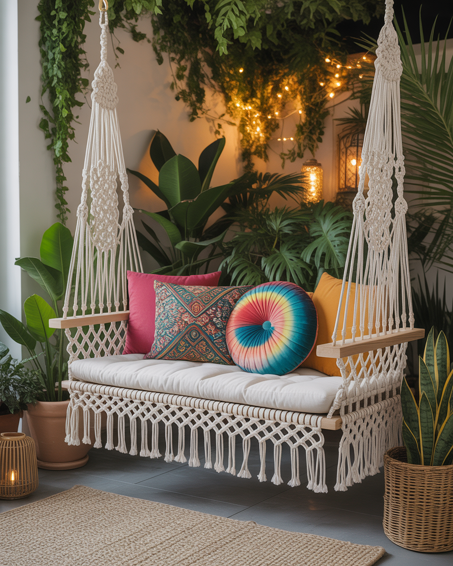 Bohemian macramé bench swing with colorful cushions and string lights in a cozy patio.