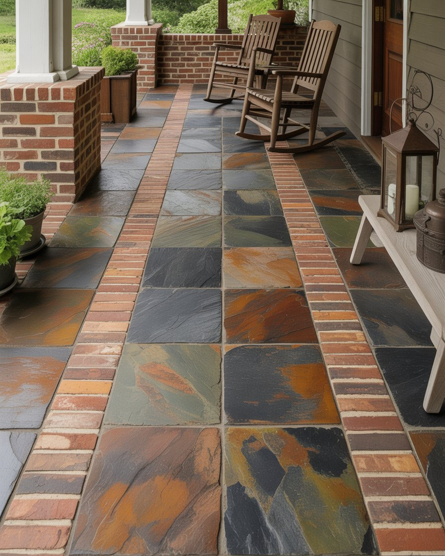 Front porch featuring dark slate tiles bordered by weathered red bricks, antique bench, and leafy plants.