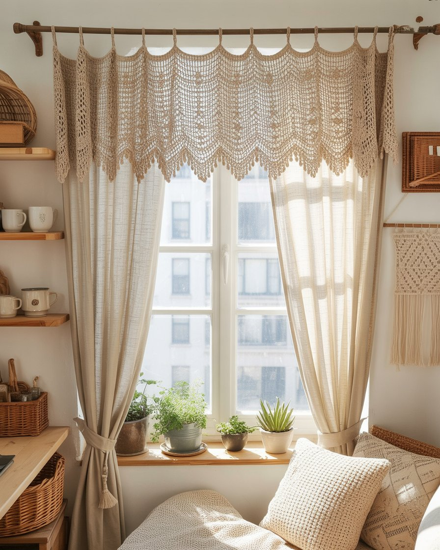 White cotton curtains with a delicate crochet topper on a wooden rod.