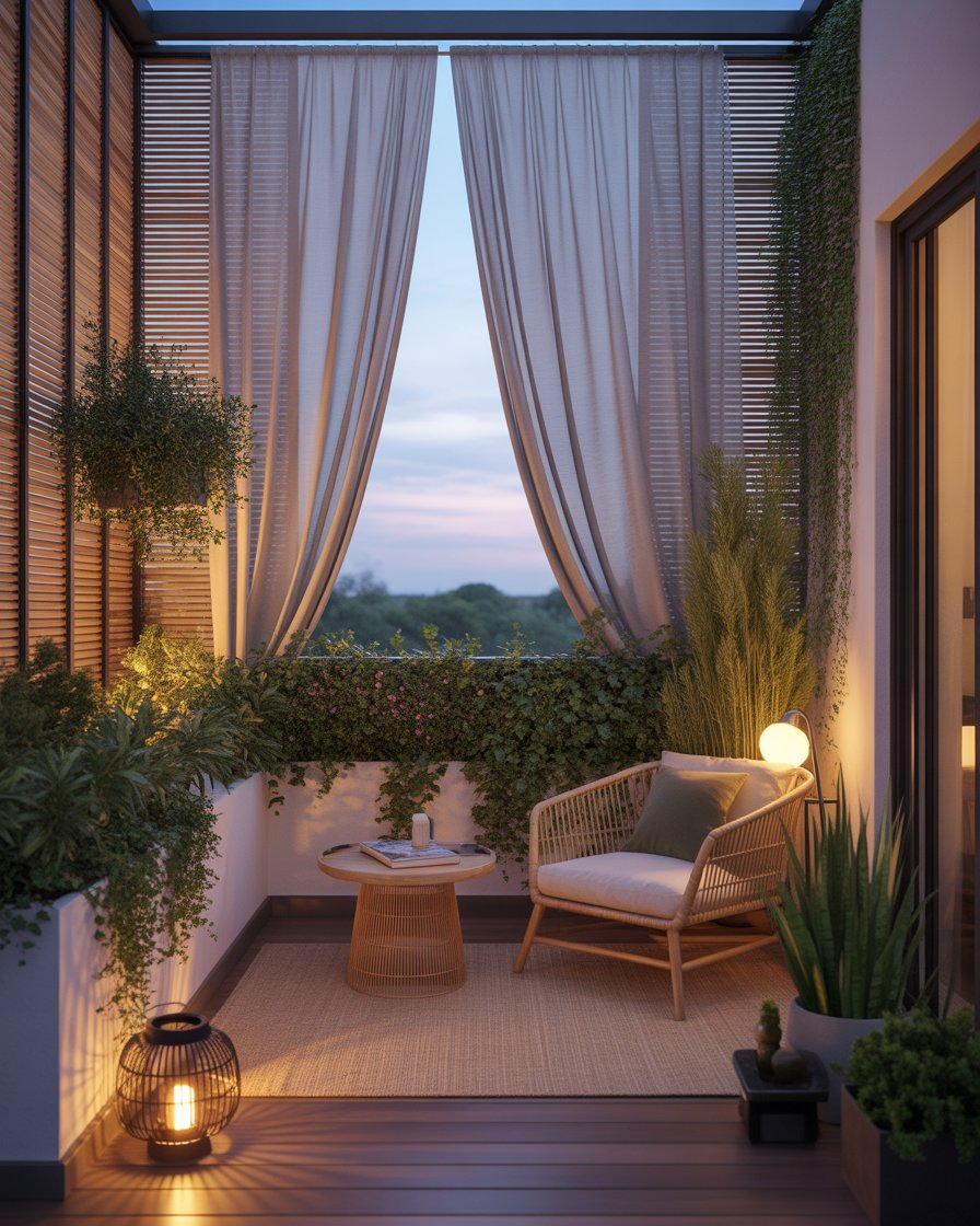 A cozy, private balcony with a bamboo privacy screen and comfortable seating.