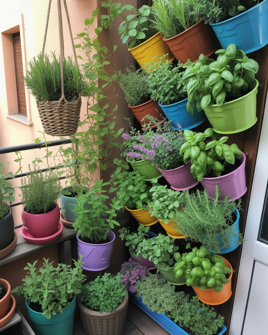  A small balcony with a vertical herb garden and green plants.