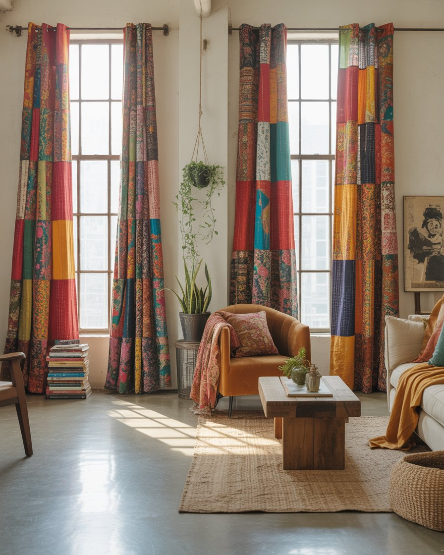 Colorful recycled Kantha quilt curtains hanging in a boho-styled living room.