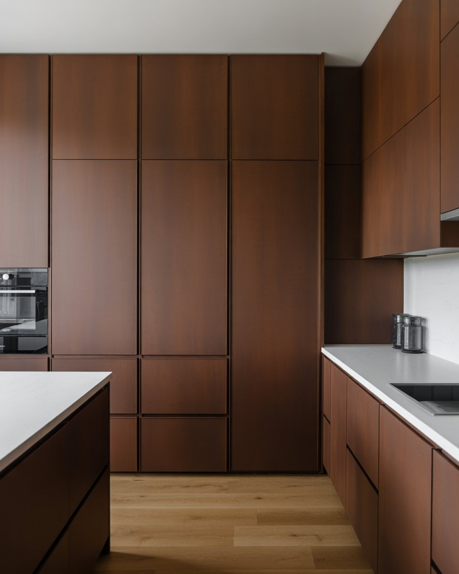 Modern kitchen with taupe-brown cabinets and soft neutral tones.