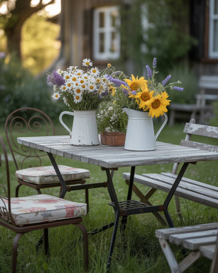 Garden table with enamelware pitchers holding fresh-cut flowers, surrounded by vintage patio furniture.