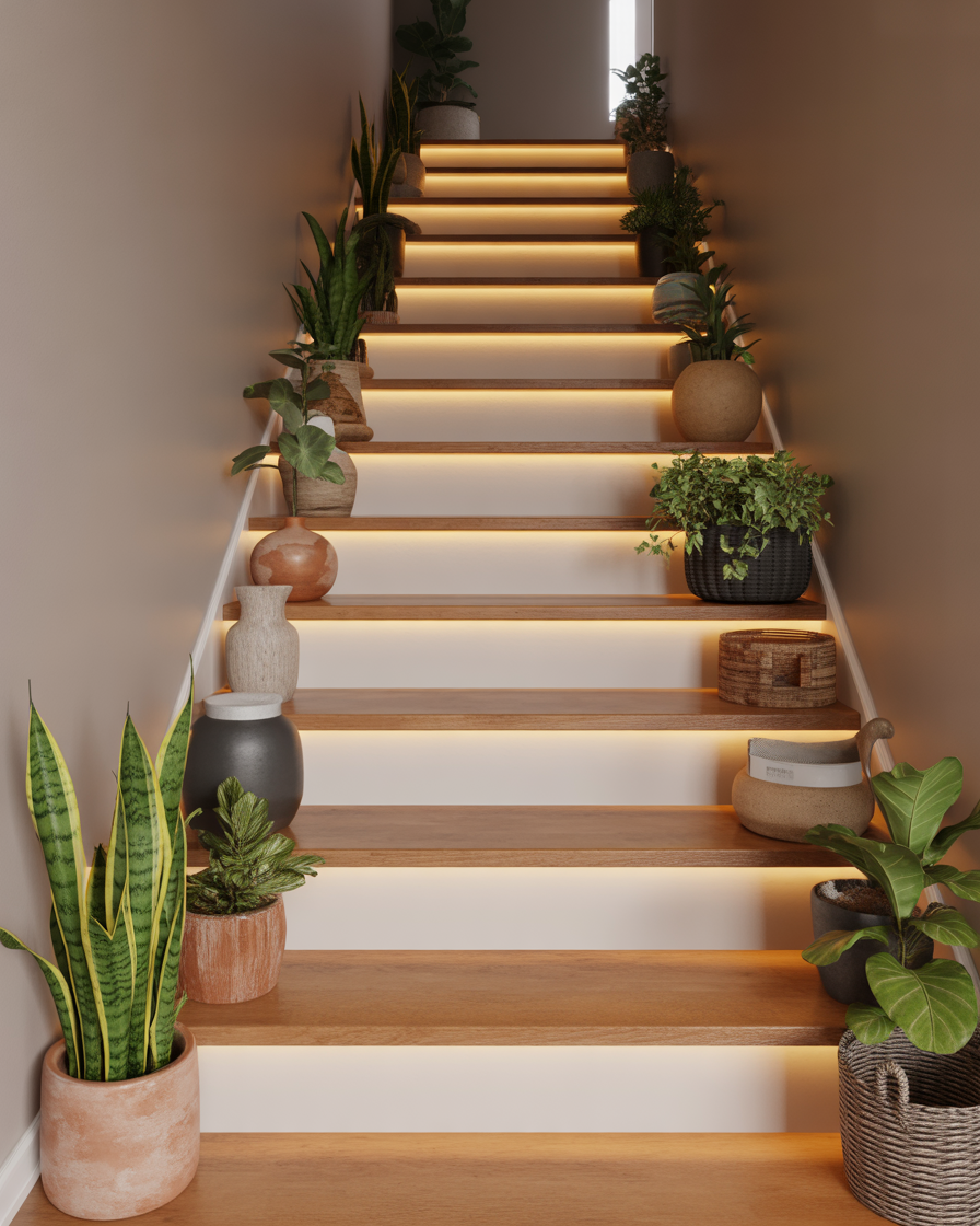 Wood stairs with under-step lighting and houseplants.