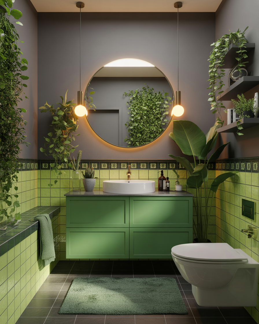 A refreshing bathroom with grey tiles and green plants for a natural, calming vibe.