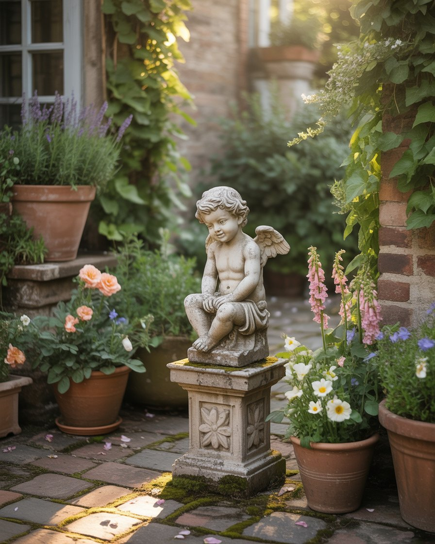 Weathered stone cherub statue on mossy vintage patio surrounded by blooming flowers.