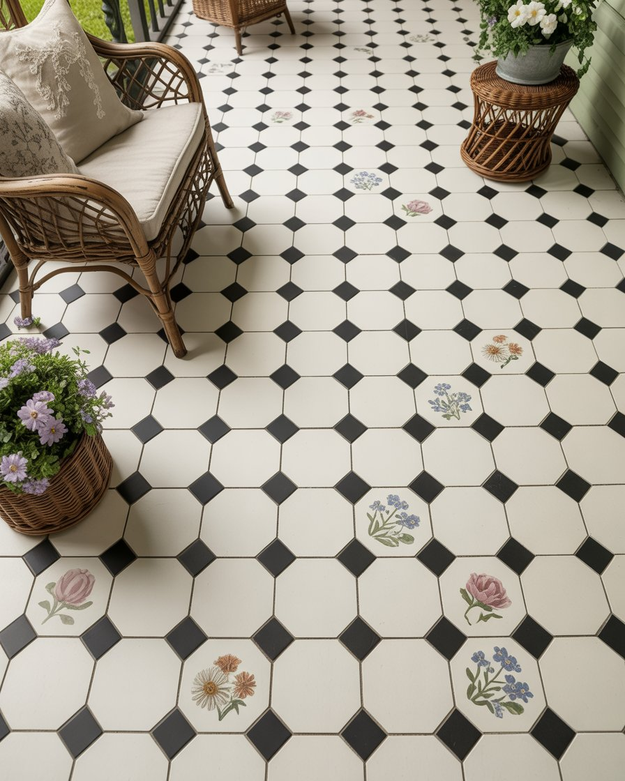 Black and white hex tile porch with floral inlay accents.