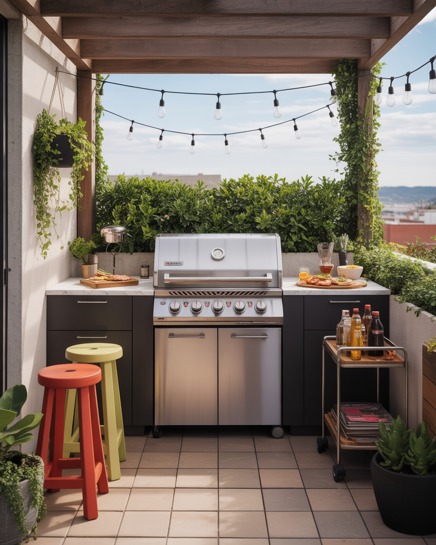 A small balcony with a compact BBQ area, stools, and grilling accessories.