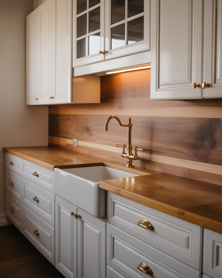 A white and wood kitchen with brass hardware, combining elegance and warmth with a touch of luxury.