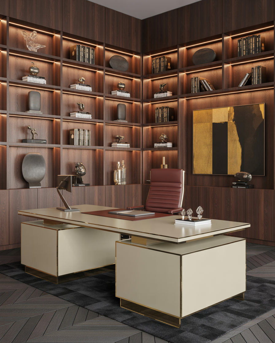 Premium home office with wraparound desk and wood shelving.